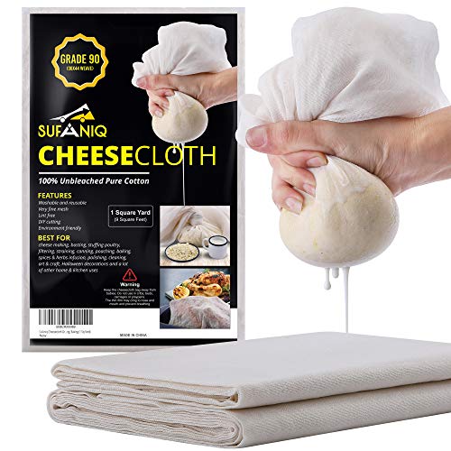 Sufaniq Cheesecloth Grade 90 ‚ 1 Sq Yard Unbleached 100% Cotton Fabric Reusable Ultra Fine Muslin Cloth for Straining, Cooking, Cheesemaking, Baking