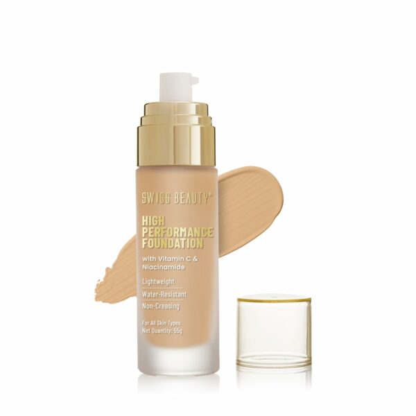 Swiss Beauty High Performance Foundation | Water-Resistant | Medium to Buildable Coverage | Lightweight | Easy to Blend | With Vitamin C & Niacinamide | Natural Buff, 55g