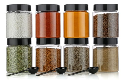The Sr Brand Multipurpose Unbreakable Plastic Transparent Storage Containers for Kitchen Airtight Masala Box Dabba Spice, Cereal, Dry Fruits Spice Box 250 Ml Round with Spoons (Set of 6 Pcs)