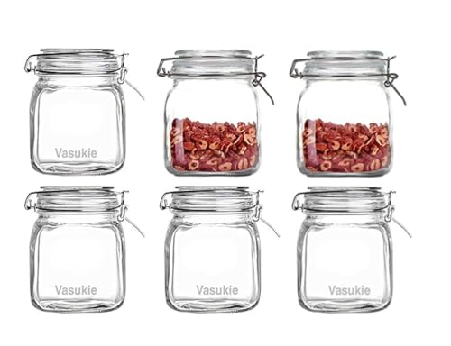 Vasukie Glass Jars with Airtight Lids Wide Mouth Storage Canister Jars Kitchen Storage Buckle Lid Canning Jar Dry Food Storage Pasta Spice Beans Flour (6)