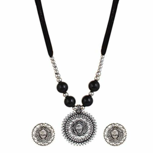 YouBella Fashion Jewellery Antique Oxidised Tribal Cotton Thread Jewellery Necklace Earring Set for Women & Girls.(Valentine Gift Special). (BLACK)