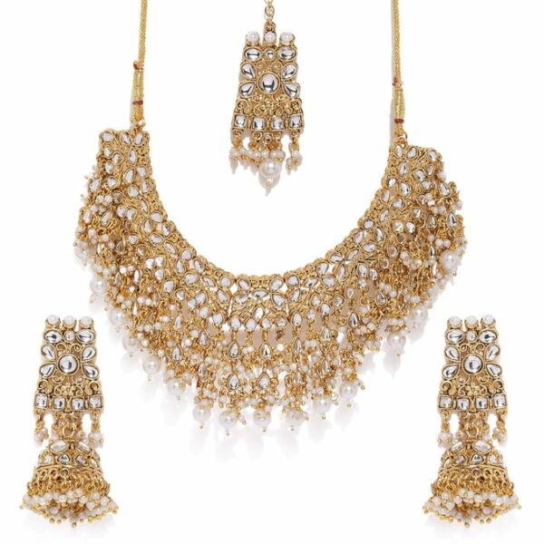 ZAVERI PEARLS Gold Tone Kundan & Pearls Bridal Choker Necklace Set For Women-ZPFK8454