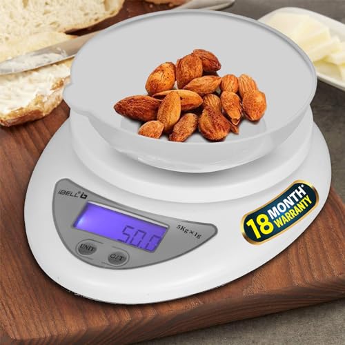 iBELL KS501M Multipurpose Stainless Steel Premium Finish Digital Kitchen Weighing Scale, Tare Function, Portable Electronic Food Weight Machine, 5kg, Backlit LCD display