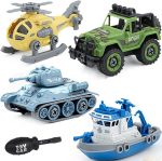 TEC TAVAKKAL Military Army Foldable Vehicles Car Toy 4 Pack with Screwdriver Toy, DIY Kids STEM Toys Including Helicopter, Jeep, Tank and Boat for Toddlers Birthday Gifts for Boys 2 3 4 5 6 Year