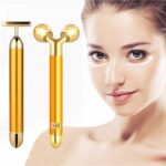 Dealsure 2 in 1 Energy Beauty Bar Electric Vibration Facial Massage V shape Roller Waterproof Face Skin Care T-Shaped Anti Wrinkle Massager for Forehead Cheek Neck Clavicle Arm (Gold Colour)