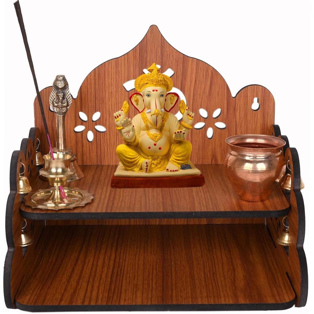 ZUPER Engineered Wood Hand Crafted Carved Pattern Home Temple for Idols Temple for Home and Office I OM Engraving | Set Top Box Stand I Wooden Mandir (Pack of 1) (Medium, Style36)