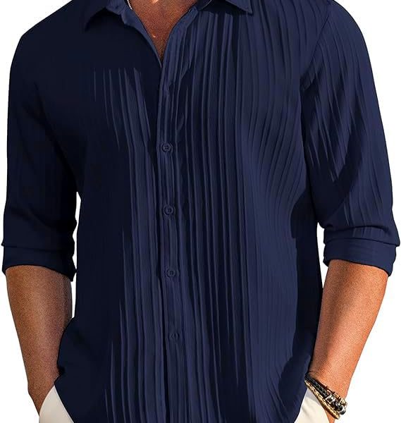 CB-COLEBROOK Men's Casual Button Down Shirts Long Sleeve Linen Shirt Fashion Textured Beach Summer Shirt