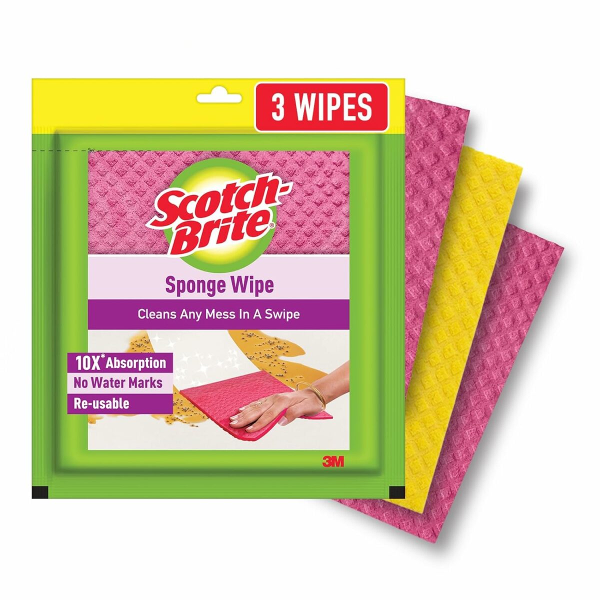 Scotch-Brite Sponge Wipe Resusable Kitchen Cleaning Sponge- Easy to use, Multi- color & Biodegradable (pack of 3)