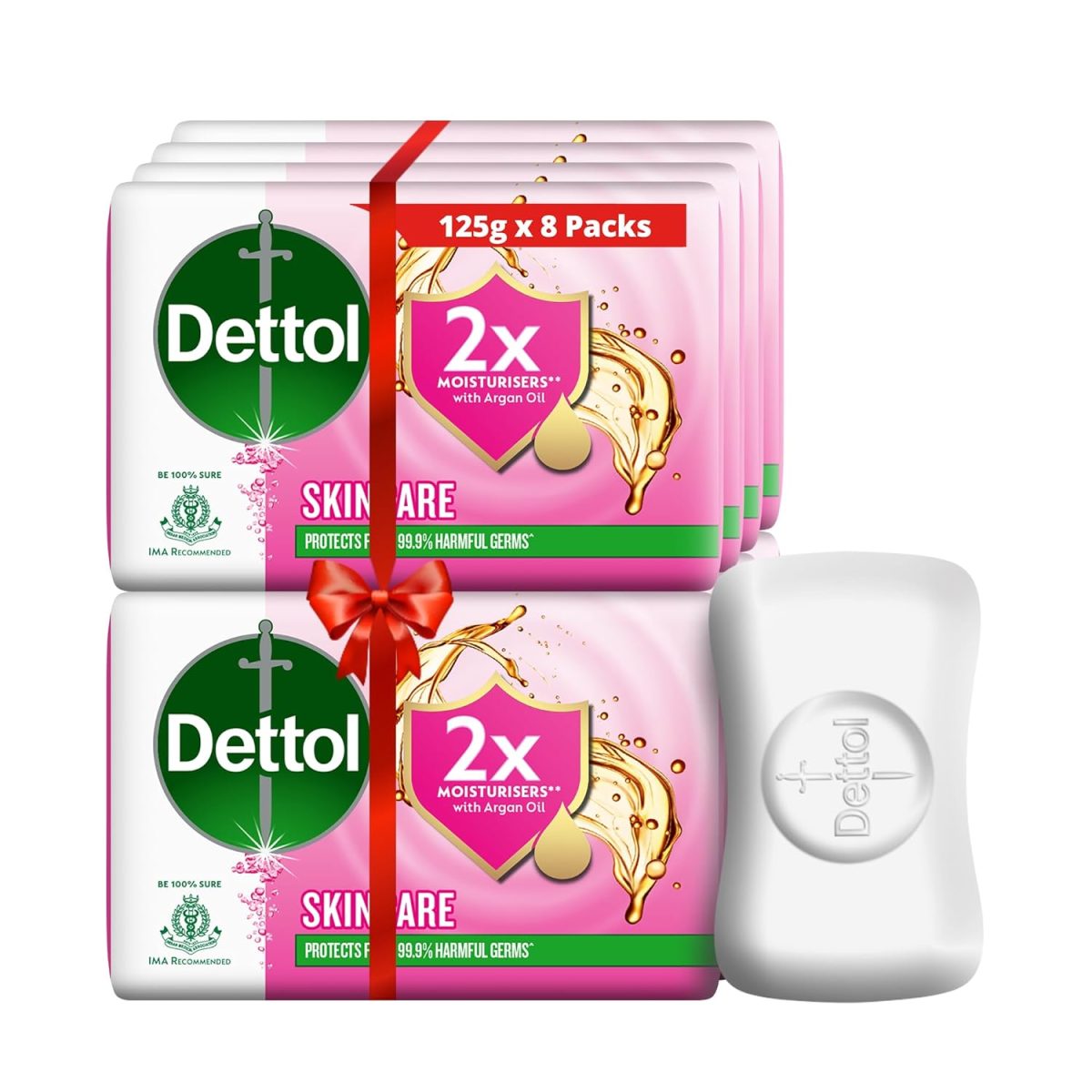 Dettol Skincare Moisturizing Beauty Bathing Soap Bar | With 2x moisturizers & Argan Oil| Softer Skin, 125gm each - Pack of 8