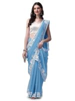 HESVI Women's Georgette Embroidery Border Work Saree with Blouse Piece