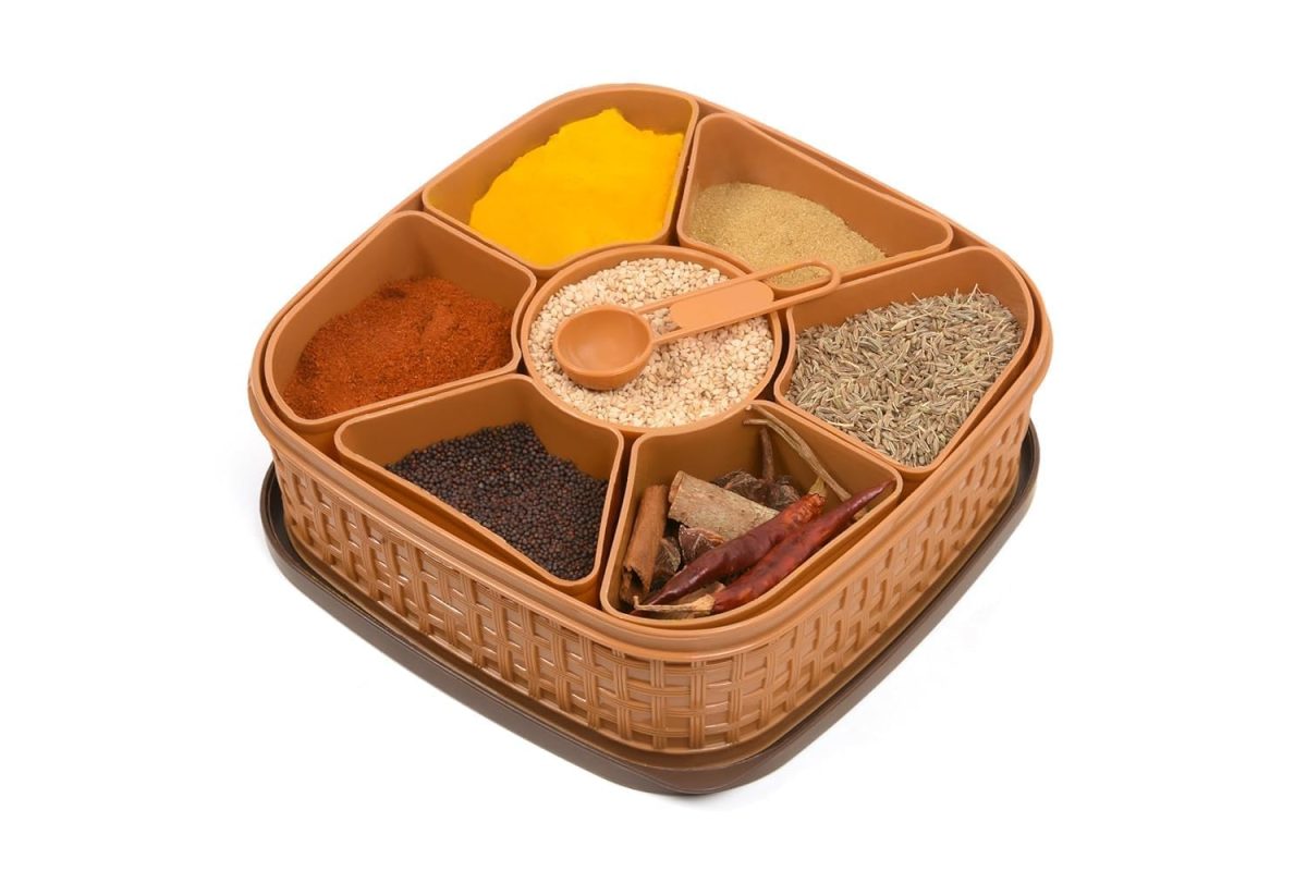 HomeWiz Plastic Square 7 Sections Multipurpose Kitchen Storage Masala Rangoli Dabba Box Set, Spice Box Set - Brown (Masala Box - 7 in 1)