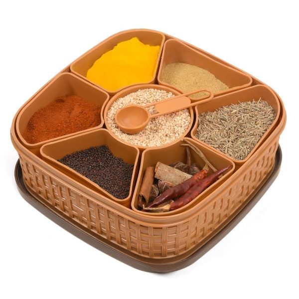 HomeWiz Plastic Square 7 Sections Multipurpose Kitchen Storage Masala Rangoli Dabba Box Set, Spice Box Set - Brown (Masala Box - 7 in 1)