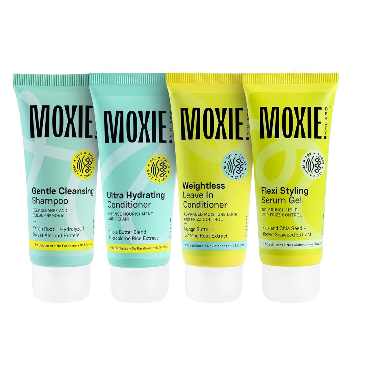 MOXIE BEAUTY (The Moxie Wavy Travel Routine) - Gentle Cleansing Shampoo -50 ml Ultra Hydrating Conditioner - 50 ml Flexi Stying Serum Gel - 50 ml & Weightless Leave In Conditioner 50 ml