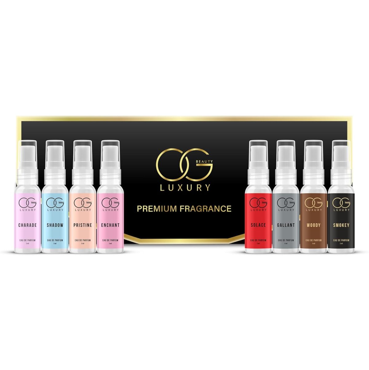 OG BEAUTY Luxury Perfume Gift Set - Unique Scents, Long-lasting Eau de Parfum - Smokey, Woody, Shadow, Gallant, Pristine, Charade, Enchant, Solace - Pack of 8 (5ml Each)