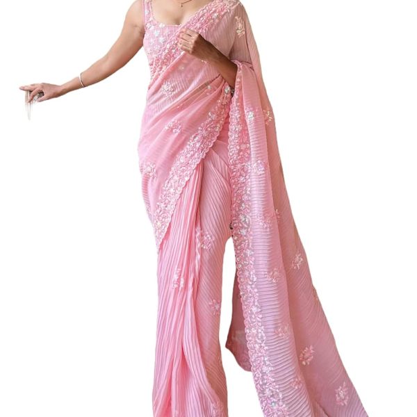 Pandadi Saree Women's Crushed Sequence Georgette Saree With Unstitched Blouse.