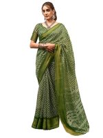 SAMAH Women's Cotton Blend Geometric Printed Zari Stripe Saree with Unstitched Blouse Piece