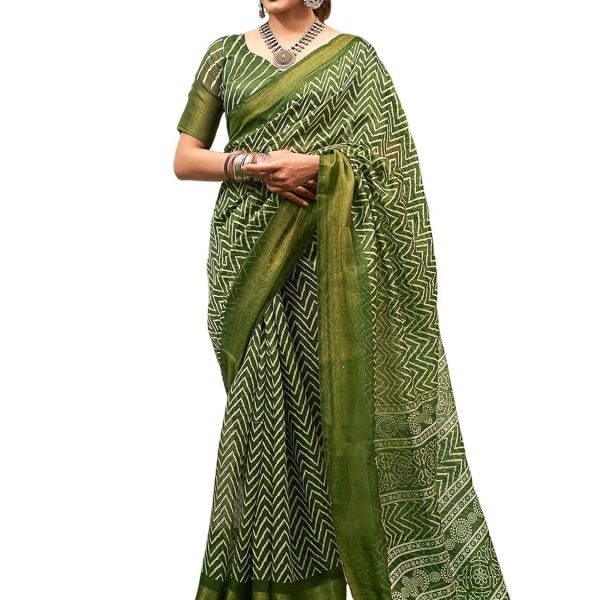 SAMAH Women's Cotton Blend Geometric Printed Zari Stripe Saree with Unstitched Blouse Piece