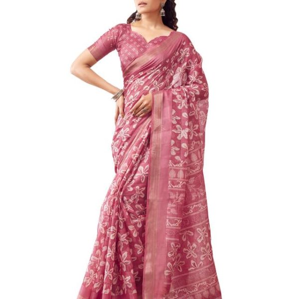 SIRIL Women's Cotton Printed Zari Stripe Saree With Unstitched Blouse Piece