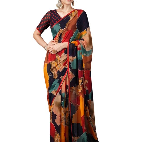 Satrani Women's Georgette Printed Saree with Unstitched Blouse Piece