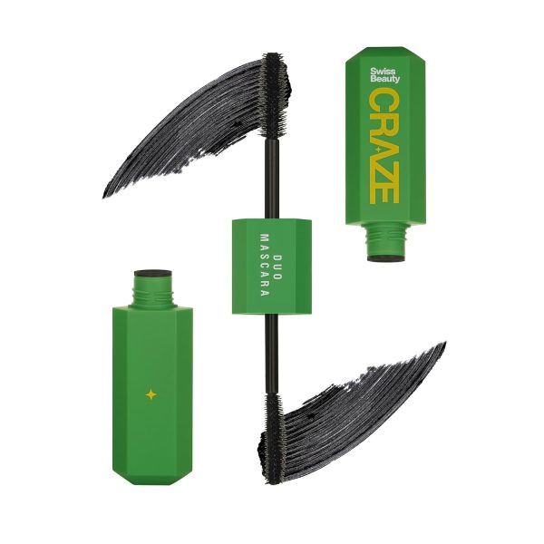 Swiss beauty Craze Duo Mascara | 2-in-1 Lengthening and Volumizing Mascara with non clumping and non flaking finish | Smudgeproof and waterproof | Black, 20ml