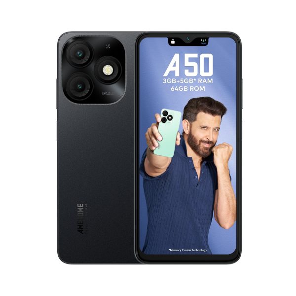 itel A50|6.6" HD+ Display with Dynamic Bar| 3GB RAM +64GB ROM, Upto 8GB RAM with Memory Fusion|Octacore Processor|8MP AI Dual Rear Cam|5000 mAh Battery | Misty Black