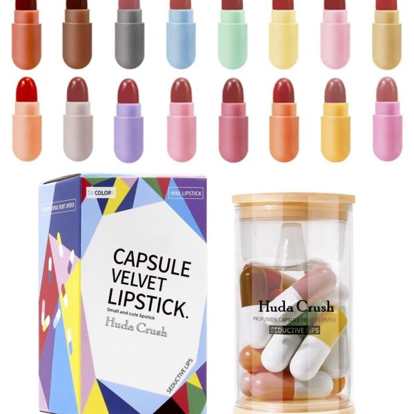 Huda Crush Beauty Mini Bullet | Capsule Style Lipstick Set Herbs-Ayurvedic Creamy Matte Lipstick Set For Lip Hydrating & Moisturizing Crayon Velvet Matte Lipstick Set Of 16 Multicolor Shades