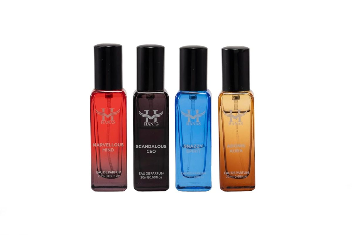 HANAS Fragrance World Liquid Fresh Scent Eau De Parfum Gift Set For Men & Women - Pack Of 4 (20Ml Each) | Marvellous Mind, Scandalaous Ceo, Snazzy Spiriy & Adonis Aura