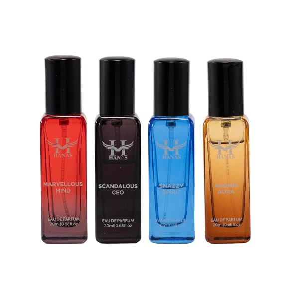 HANAS Fragrance World Liquid Fresh Scent Eau De Parfum Gift Set For Men & Women - Pack Of 4 (20Ml Each) | Marvellous Mind, Scandalaous Ceo, Snazzy Spiriy & Adonis Aura