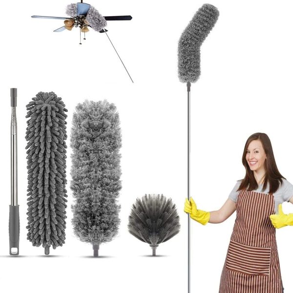 Hallstatt 3 In 1 Long Handle Microfiber Feather Ceiling Duster With Extendable Pole 30-100 Inch With Anti Scratch Bendable Head For Cleaning High Cobweb Stick High Ceiling Fan - Stainless Steel,Grey