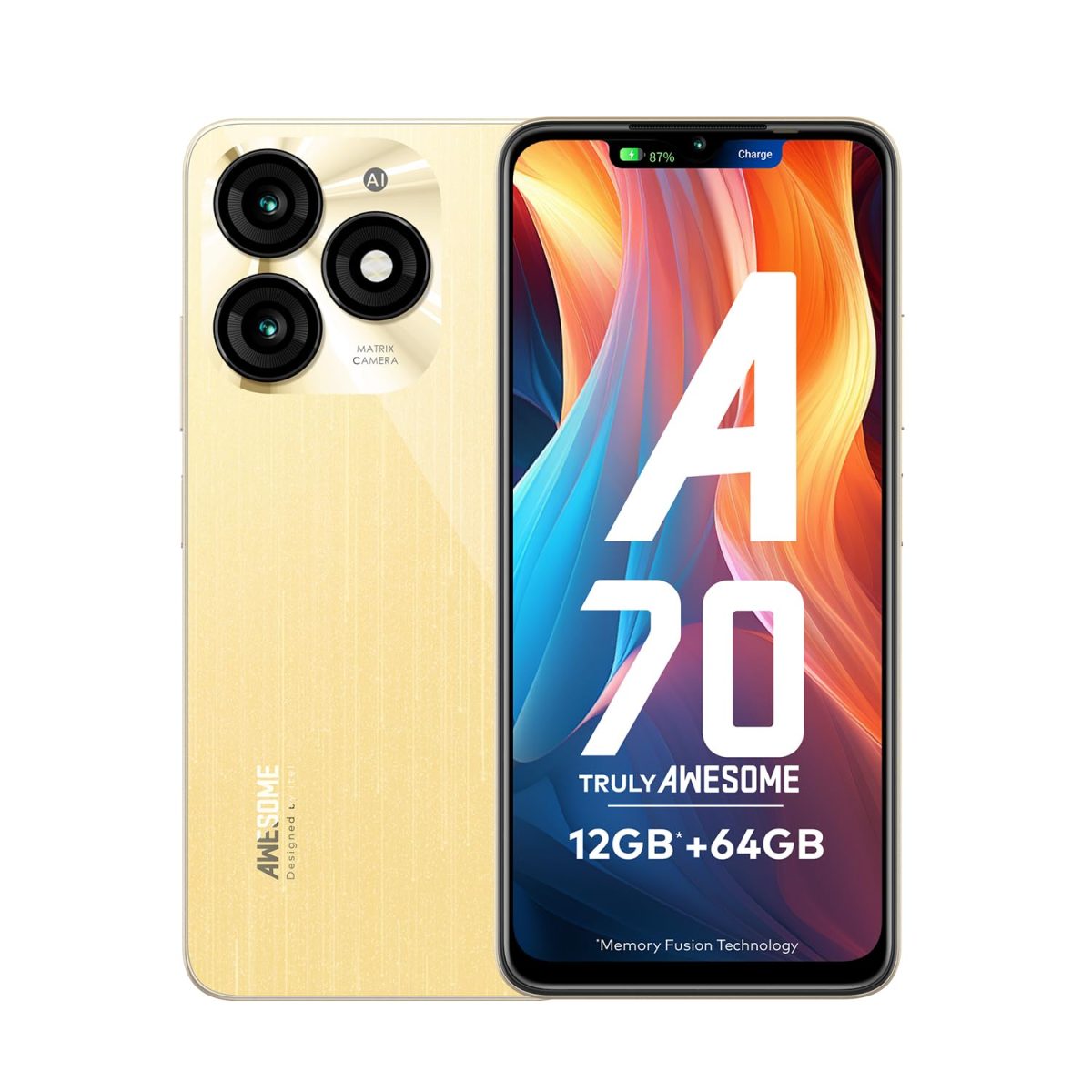 itel A70 | 12GB* RAM + 64GB ROM| 13MP Dual Rear Camera & 8MP Front Camera | 5000mAh Battery with Type-C Charging | Dynamic Bar | Side Fingerprint Sensor | Octa-Core Processor | Brilliant Gold