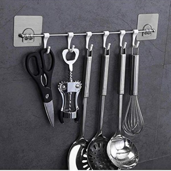 GOLWYN Premium Self Adhesive Kitchen accessories items organizer Rack Stand, Wall Hanging Hooks Strong without Drilling/Bathroom Door Cloth Hanger (9 Hooks), Stainless Steel