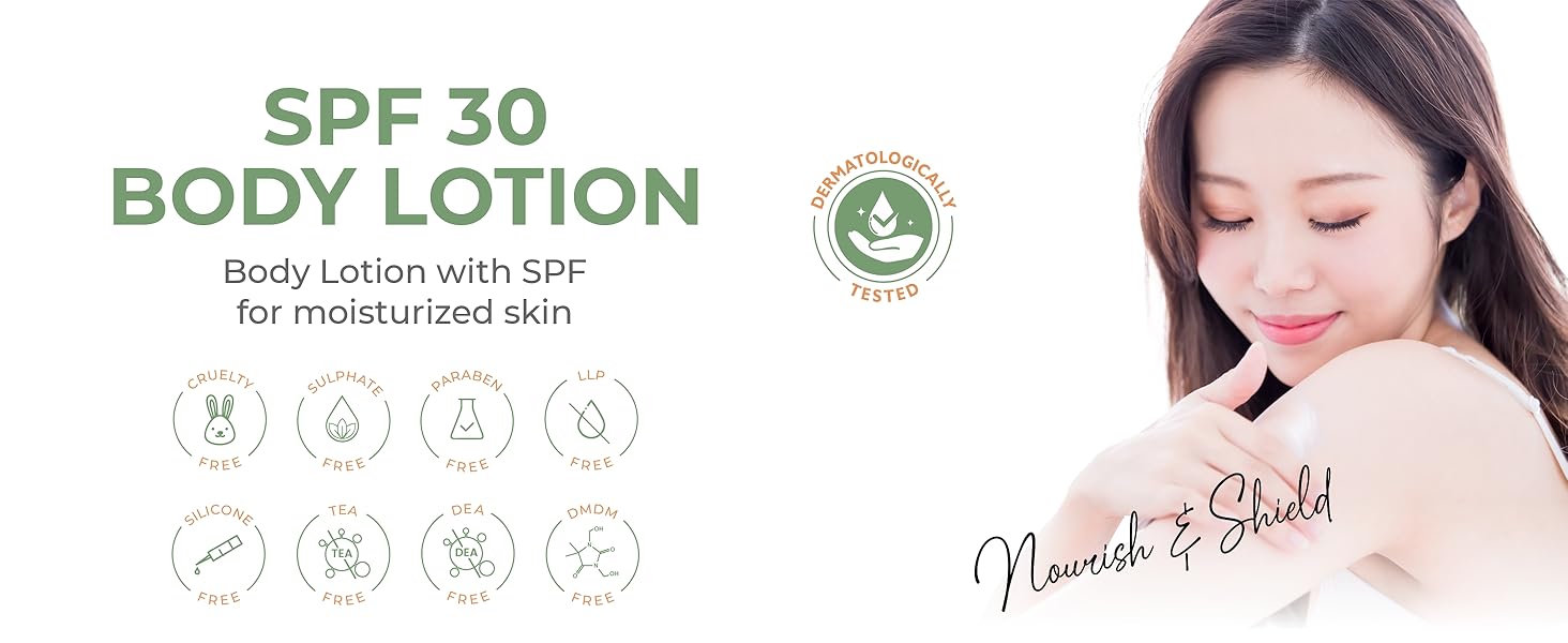 Woman applying SPF 30 body lotion, icons for skin-friendly ingredients.