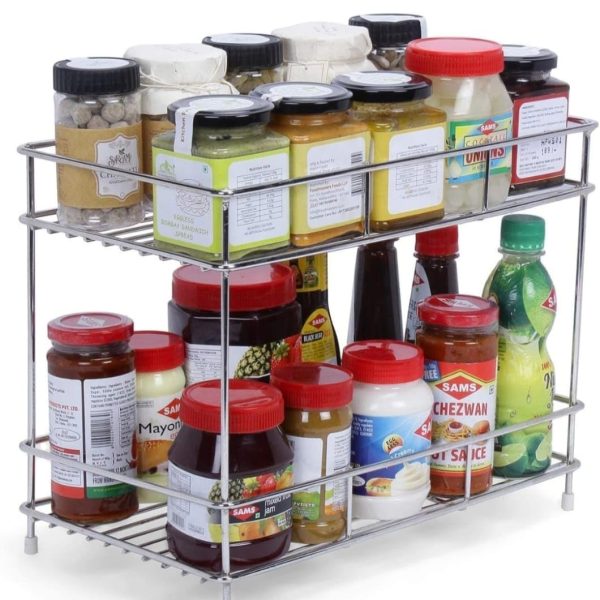 AB99 COLLECTION Stainless Steel 2-Tier Kitchen Rack&Organizer Spice Rack&Container Organizer, Utensils Dishes Spices Jar Holder Rack&Cup&Glass Holder, Countertop, Tabletop Rack Step Shelf