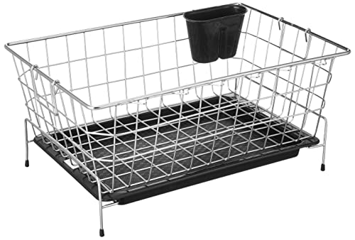 Amazon Brand - Solimo Stainless Steel Dish Drainer with Drain Tray + Cutlery Stand (55.7x37.5X 24.5) for Kitchen Utensils | SS Bartan & Plate Drying Rack Stand