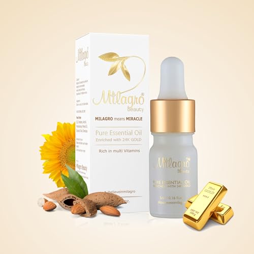 Milagro Beauty Essential Oil 24K Gold Leaves Pure with Goodness of Lemongrass, Sunflower & Almond for Skin Hydration Anti-ageing Glow Booster Primer for Dewy Foundation Finish (5ml)