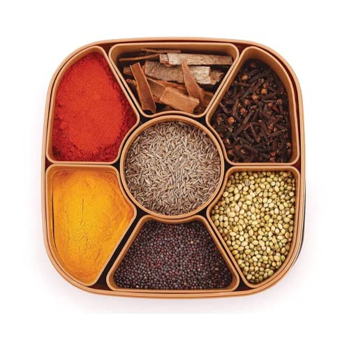 Suzec Masala Rangoli Box Dabba for Keeping Spices | Spice Box for Kitchen | Plastic Wooden Style Masala Box | Masala Container | Masala Dabba (Brown, Grey, Cream & Beige)