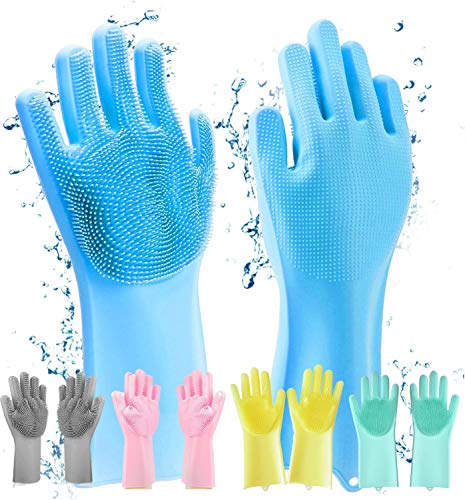 HUSB® Gloves Magic Silicone Dish Washing Gloves, Silicon Cleaning Gloves, Silicon Hand Gloves for Kitchen Dishwashing and Pet Grooming, Great for Washing Dish, Car, Bathroom (Multicolour, 1 Pair)