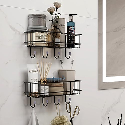 Plantex GI Steel Self-Adhesive Multipurpose Bathroom/Kitchen Shelf with Hooks/Towel Holder/Rack/Bathroom Accessories - Wall Mount - Pack of 2 (Black,Powder Coated)