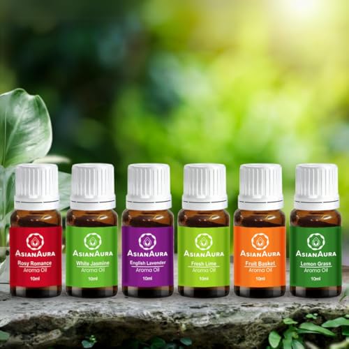 ASIAN AURA Ceramic Aroma Diffuser Oil Set - English Lavender, Rosy Romance, Fruit Basket, Fresh Lime, White Jasmine, Lemon Grass (10ml Each) Pack of 6| Home Fragrance & Aromatherapy | Meditation/Yoga