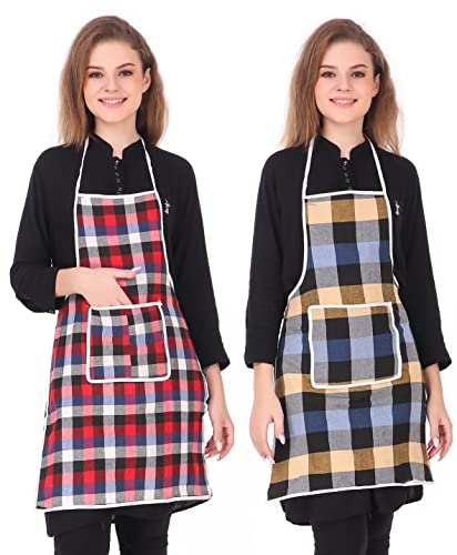 GLUN Waterproof Cotton Kitchen Apron with Front Pocket (Multicolour) Set of 2