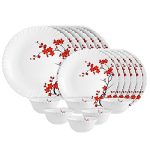 Cello Opalware Dazzle Series Cherry Blossom Dinner Set, 18 Units | Opal Glass Dinner Set for 6 | Light-Weight, Daily Use Crockery Set for Dining | White Plate and Bowl Set