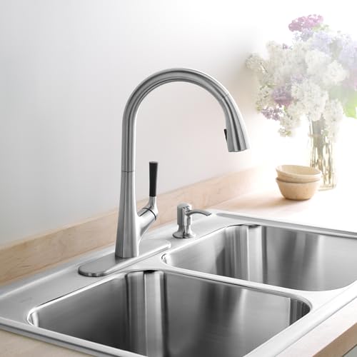 Kohler Malleco Pulldown Sink Tap for Kitchen - Vibrant Stainless Finish - Single Lever Kitchen Faucet with Matching Soap Dispenser - Kitchen Water Tap with 360° Spout Rotation 562IN-SD-VS