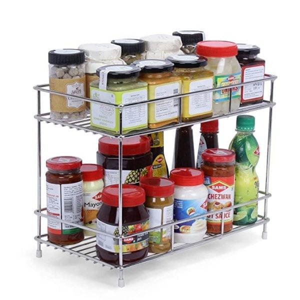 Cri8Hub Stainless Steel 2 Tiered Shelf Kitchen Rack - Spice Boxes Organizer –Kitchen Rack Stand - Cosmetic Organizer – Counter Top Organizer - Floor Mounted Shelf For Home(Multipurpose Rack)