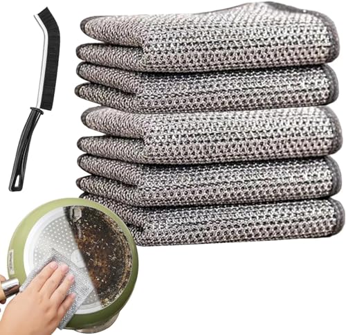 JASIFS Non Scratch Wire Dish Washing Cloth with Gap Cleaning Brush Wire Rags for Wet and Dry Easy Rinsing Reusable Wire Cleaning Cloth for Kitchen Sink Pots Pans & Gap Cleaning Brush (PK of 3)