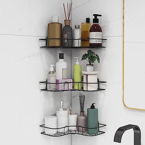 Plantex Corner Shelf for Bathroom/Self Adhesive Shelf for Kitchen/Living Room Wall Mounted Shelf - Premium Bathroom Accessories (Black, Alloy Steel) - Pack of 3