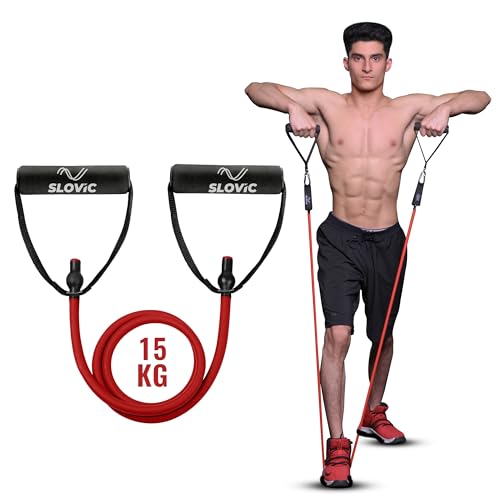 SLOVIC Resistance Tube (1 Year Warranty) with 30+ Exercise E-Guide & Foam Handle, Suitable for Home and Gym for Men and Women, Multipurpose Resistance Tube Band (Red = 15kg)