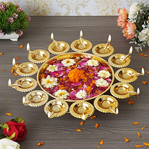 Webelkart Diya Shape Flower Decorative Urli Bowl for Home Handcrafted Bowl for Floating Flowers and Tea Light Candles Home,Office and Table Decor| Diwali Decoration Items for Home (14 Inches)