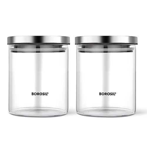 Borosil Classic Glass Jar, Air-Tight Storage Container For Kitchen, Glass Jar For Storing Spices, Snacks, Grains, Dals, Set of 2 (600 ml each), Clear