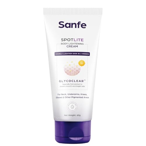 Sanfe Spotlite Body Cream For Dark Neck, Joints and Skinfolds | Enriched with 3% Glyoclic Acid, Alpha Arbutin & SPF 30 | For Dark Patches, Detanning, Anti Aging and Skin Tightening | Helps in Exfoliation, Lightening & 24 Hr Long Moisture - 60gm | For Indian Skin