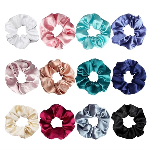 Wazdorf 12 Packs Satin Hair Scrunchies for Women and Girls, Bulk Soft Scrunchy Hair Bands for Hair Accessories, Elastic Hair Bobbles Ponytail Holder for Girl’s Birthday Gift (Multicolor - Pack of 12)